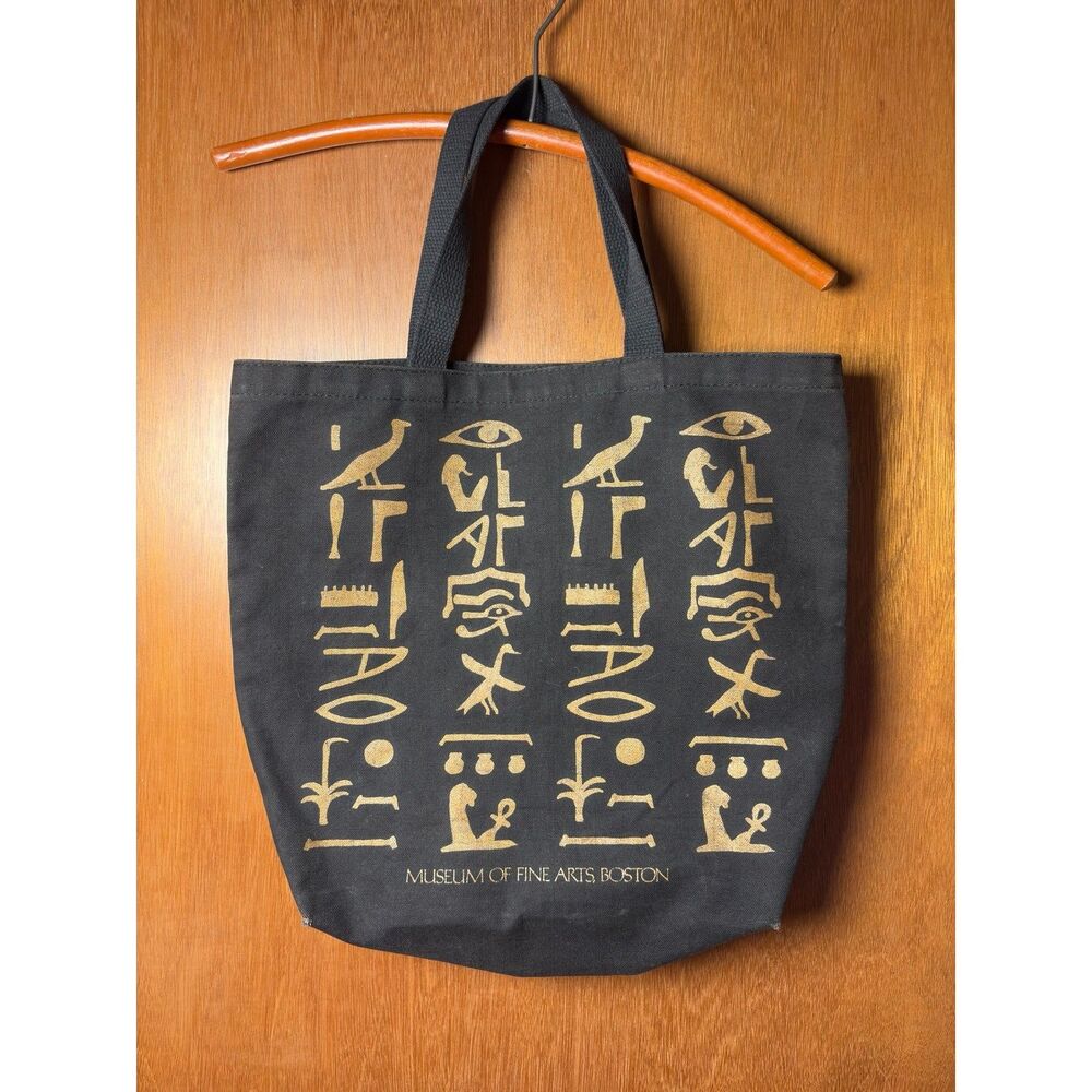 90s Vintage Black and Gold Hieroglyphics Museum of Fine Arts Canvas Tote Bag
